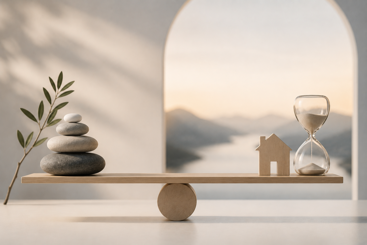 Balance en bois en équilibre entre galets zen et sablier, symbole de sérénité face au temps