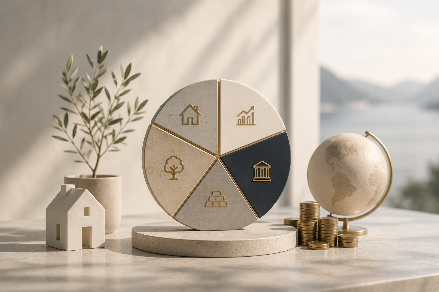 Camembert de diversification patrimoniale (immobilier, actions, obligations, or, durable) et globe