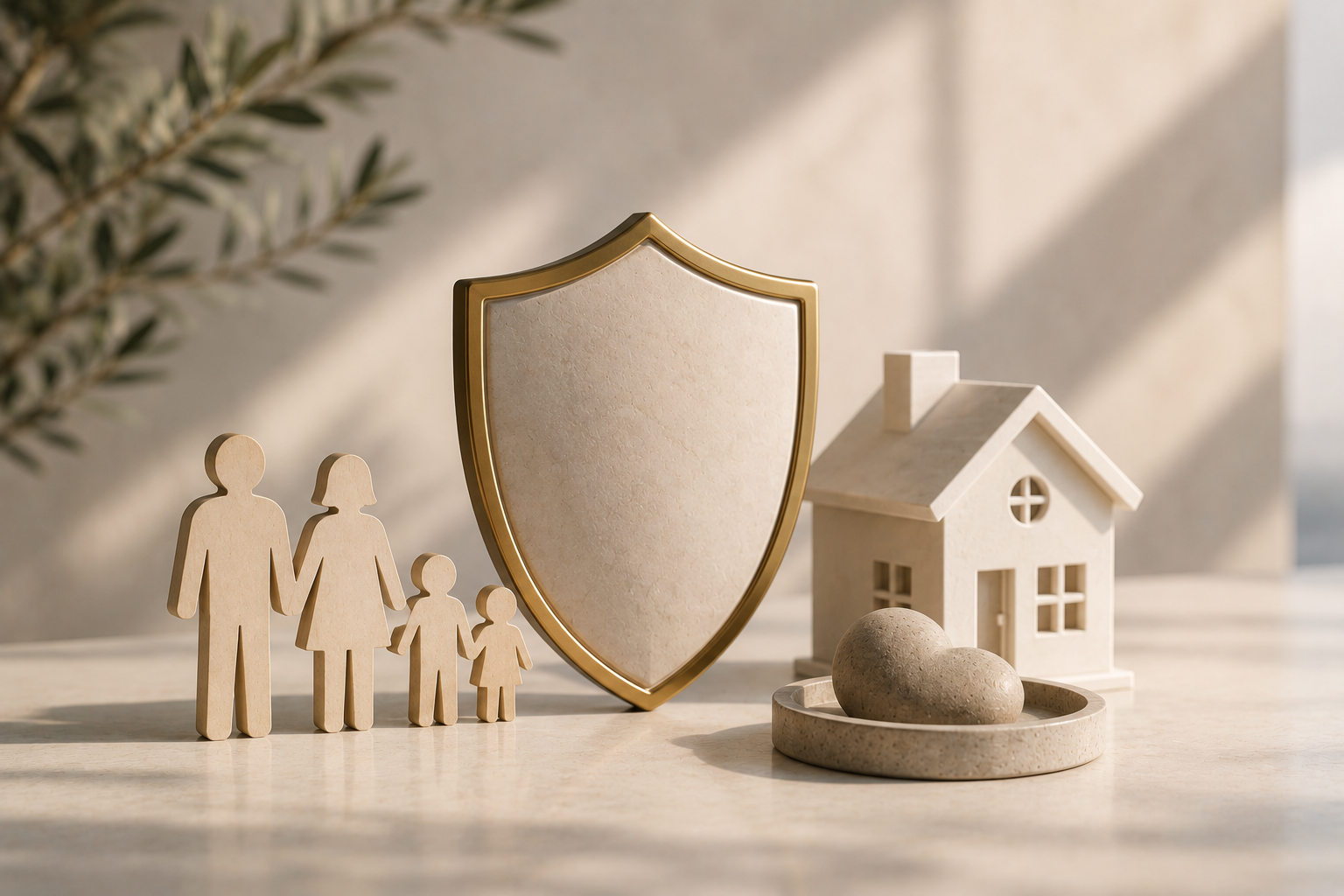 Famille protégée par un bouclier doré, maison et cœur, symbole de prévoyance