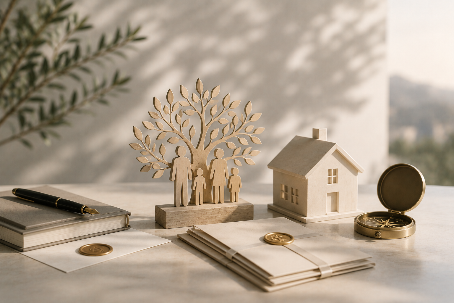 Arbre généalogique en bois, maison et testaments scellés, symbole de transmission patrimoniale